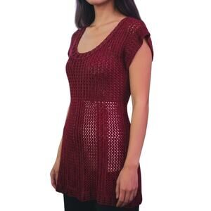Vintage Maroon Crochet Baby Doll Tunic Shirt Womens Sz Medium Y2K Scoop Tie Back